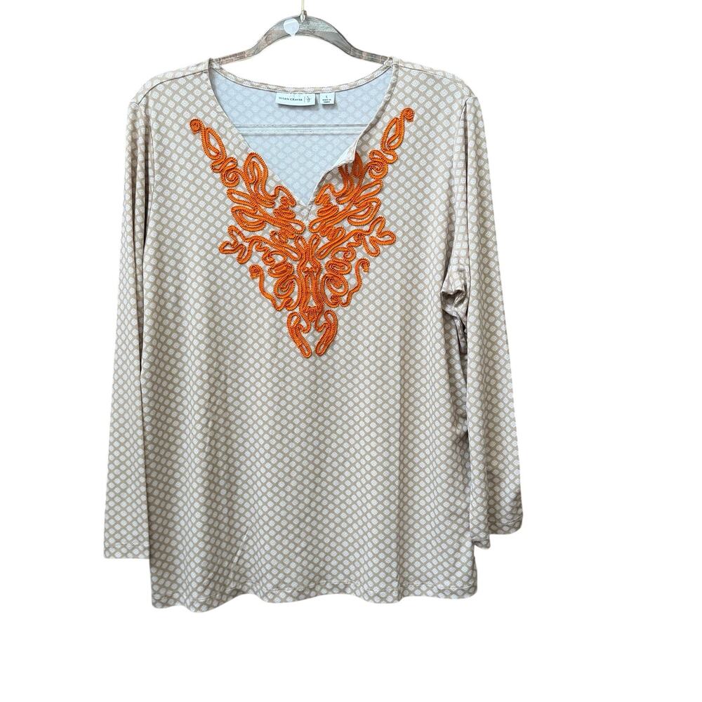 Susan Graver Womens Stretch Blouse Size Large Tan Orange Embroidered Neckline